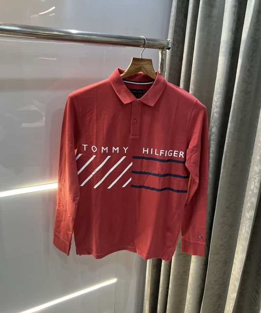 Tomm y Hilfiger Red Logo Print Premium Full Sleeve Polo T-Shirt