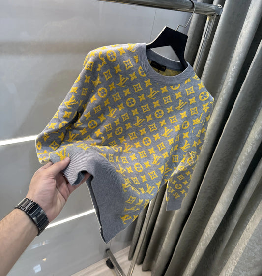 Louis Vuitton Grey Logo Work Imported Knitted Pull Over