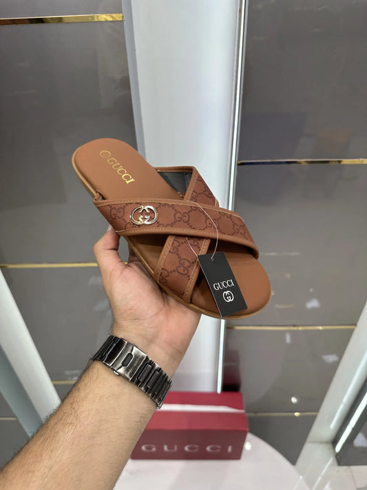 Gucci_Brown Cross Metal Logo Premium Slids