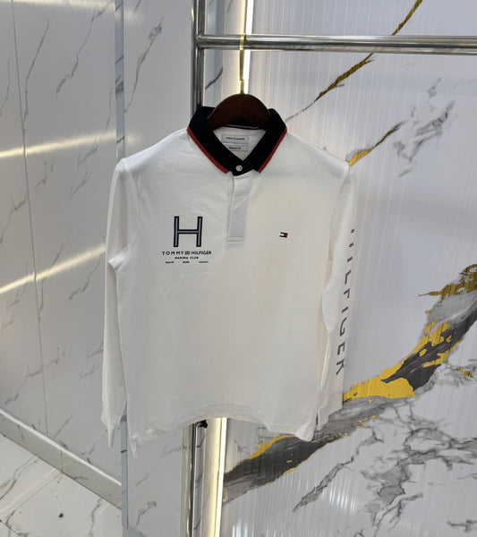Tommy Hilfiger White Logo Work Premium Full Sleeve Polo T-Shirt