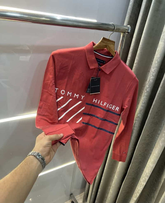 Tomm y Hilfiger Red Logo Print Premium Full Sleeve Polo T-Shirt
