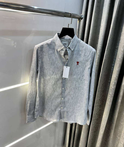 Ami Paris Grey strips Embroidery Logo Premium Linen Shirt