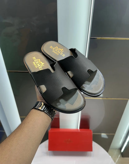 Herms_Grey Leather Slide For Men