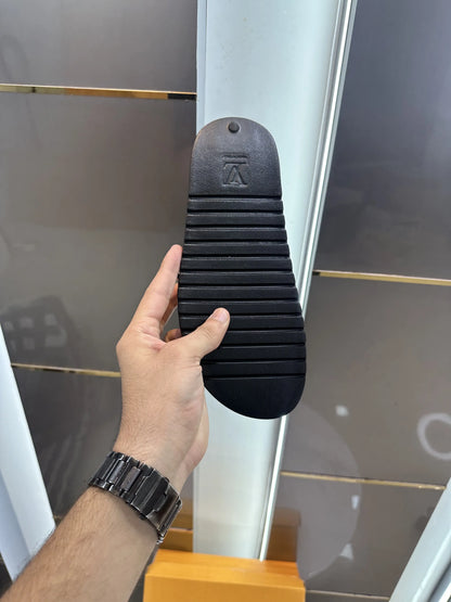 Louis_Vuitton Black Monogram Leather Slide