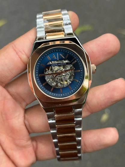 Arman i Exchange Skeleton Square Open Machine Rose Two Tone Blue Dial