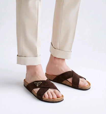 Prada_Brown Cross Premium Suede Leather Slide