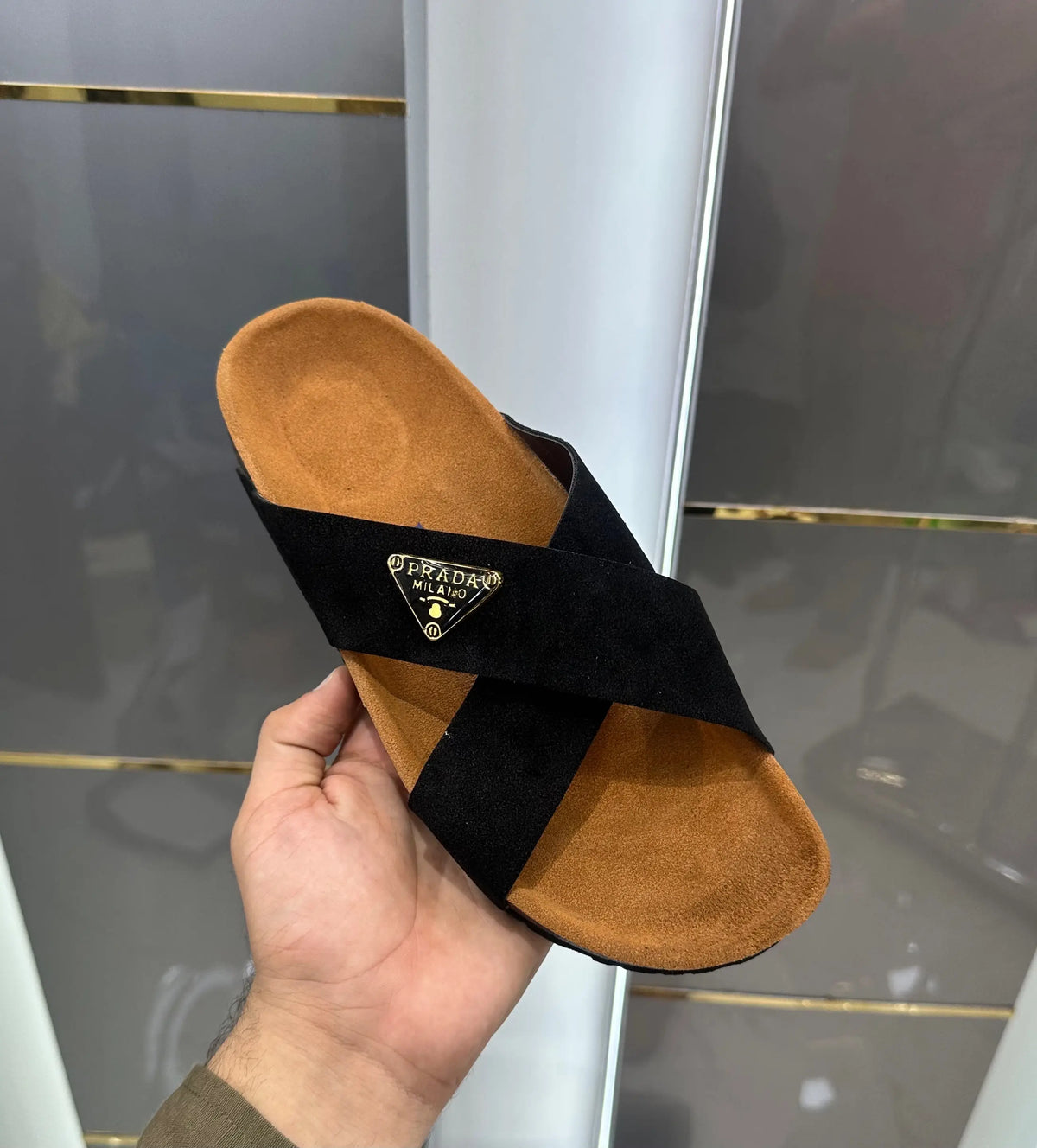 Prada_Black Cross Premium Suede Leather Slide
