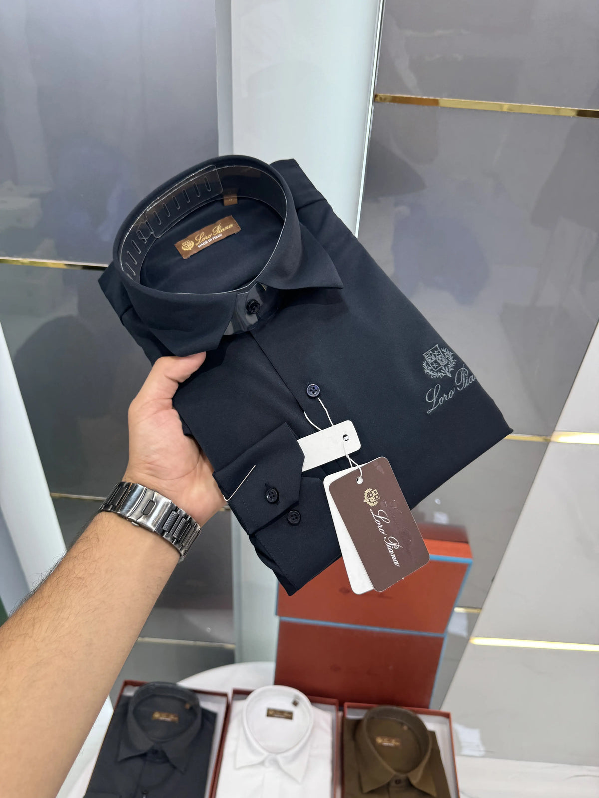 Loro Piana Navy Blue Embroidery Logo Premium Shirt With Original Box