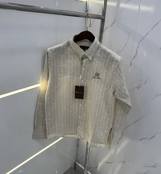 Loro Piana Beige Strips Embroidery Logo Premium Linen Shirt