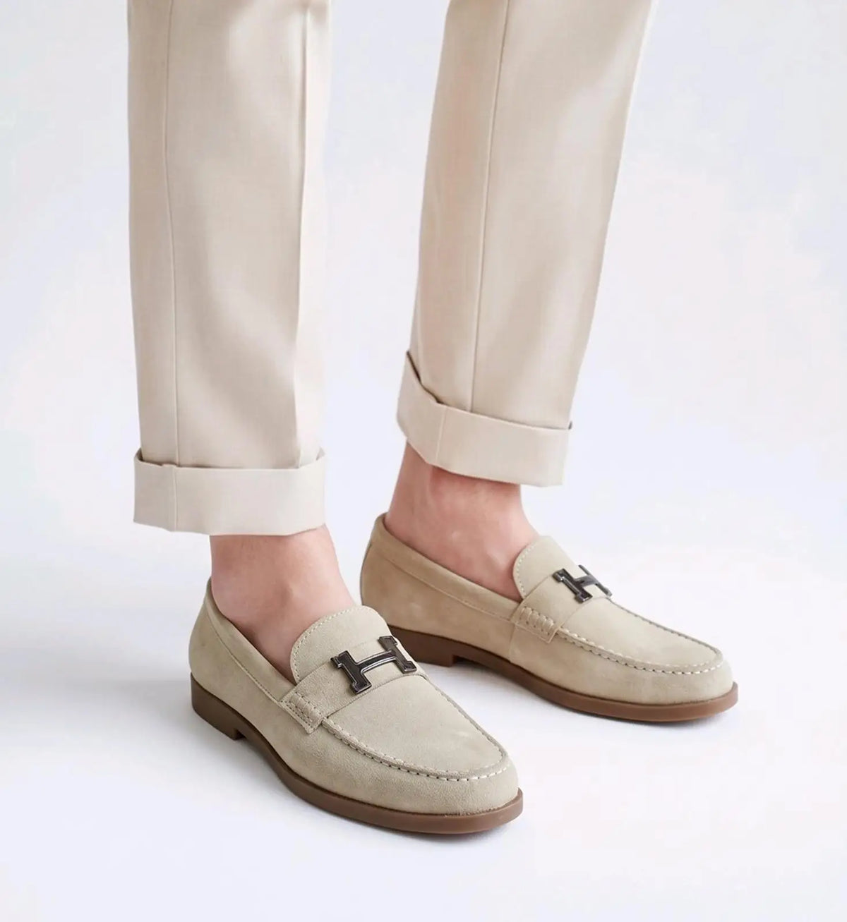 Hermes_Beige Premium Suede Leather Formal Loafers