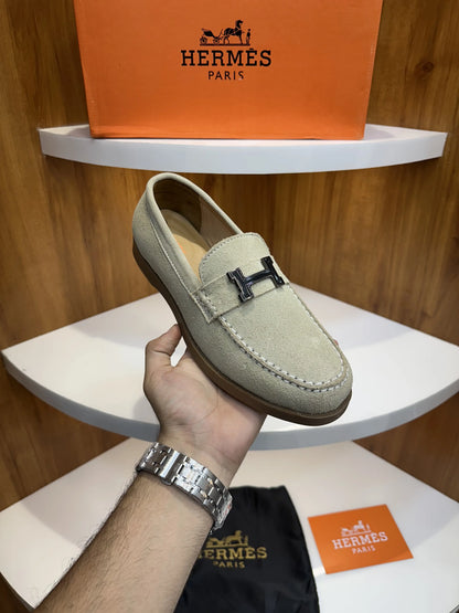 Hermes_Beige Premium Suede Leather Formal Loafers