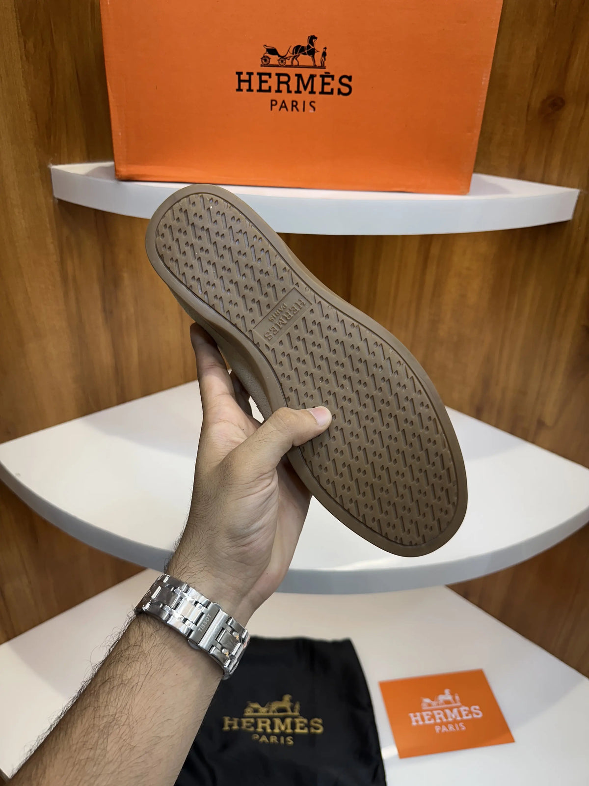 Hermes_Beige Premium Suede Leather Formal Loafers